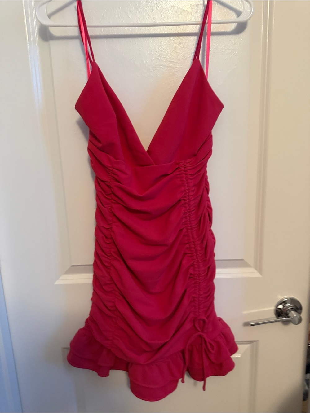 ✨ New NWT Selfie Leslie Hot Pink Ruched Spaghetti Strap Mini Dress